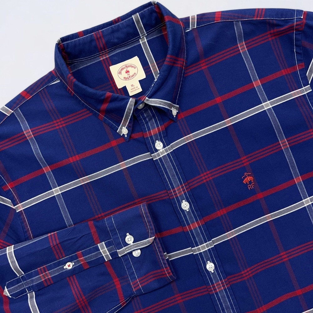 Brooks Brothers Red Fleece Shirt Men's XL Blue Red Plaid Oxford Button Down